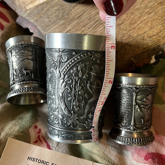 Vtg 70s KIRK STIEFF Pewter Cups German Scenes Shot Glasses & Cup 3-Piece Set Bar - Picture 10 of 16